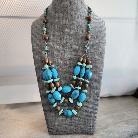 Robert Rose Chunky Statement Necklace Turquoise Brown Beads Boho Layered - Picture 2 of 8